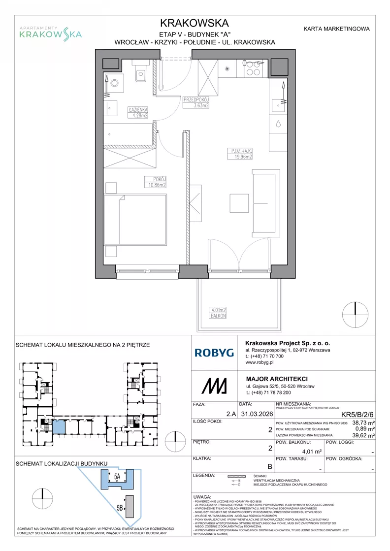 2 pokoje, mieszkanie 38,73 m², piętro 2, oferta nr KR5/B/2/6, Apartamenty Krakowska 5, Wrocław, Przedmieście Oławskie, Krzyki, ul. Krakowska