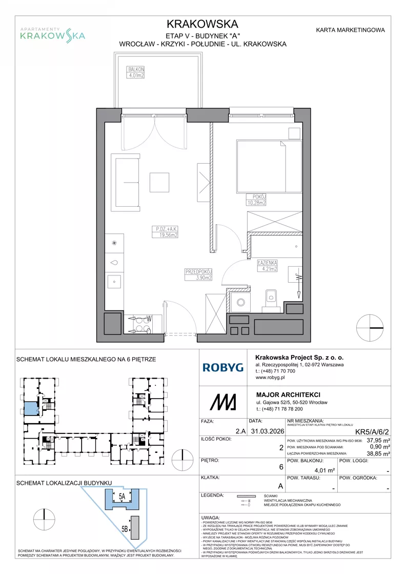 2 pokoje, mieszkanie 37,95 m², piętro 6, oferta nr KR5/A/6/2, Apartamenty Krakowska 5, Wrocław, Przedmieście Oławskie, Krzyki, ul. Krakowska
