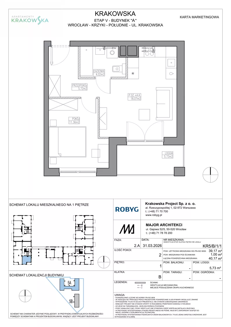 2 pokoje, mieszkanie 39,17 m², piętro 1, oferta nr KR5/B/1/1, Apartamenty Krakowska 5, Wrocław, Przedmieście Oławskie, Krzyki, ul. Krakowska