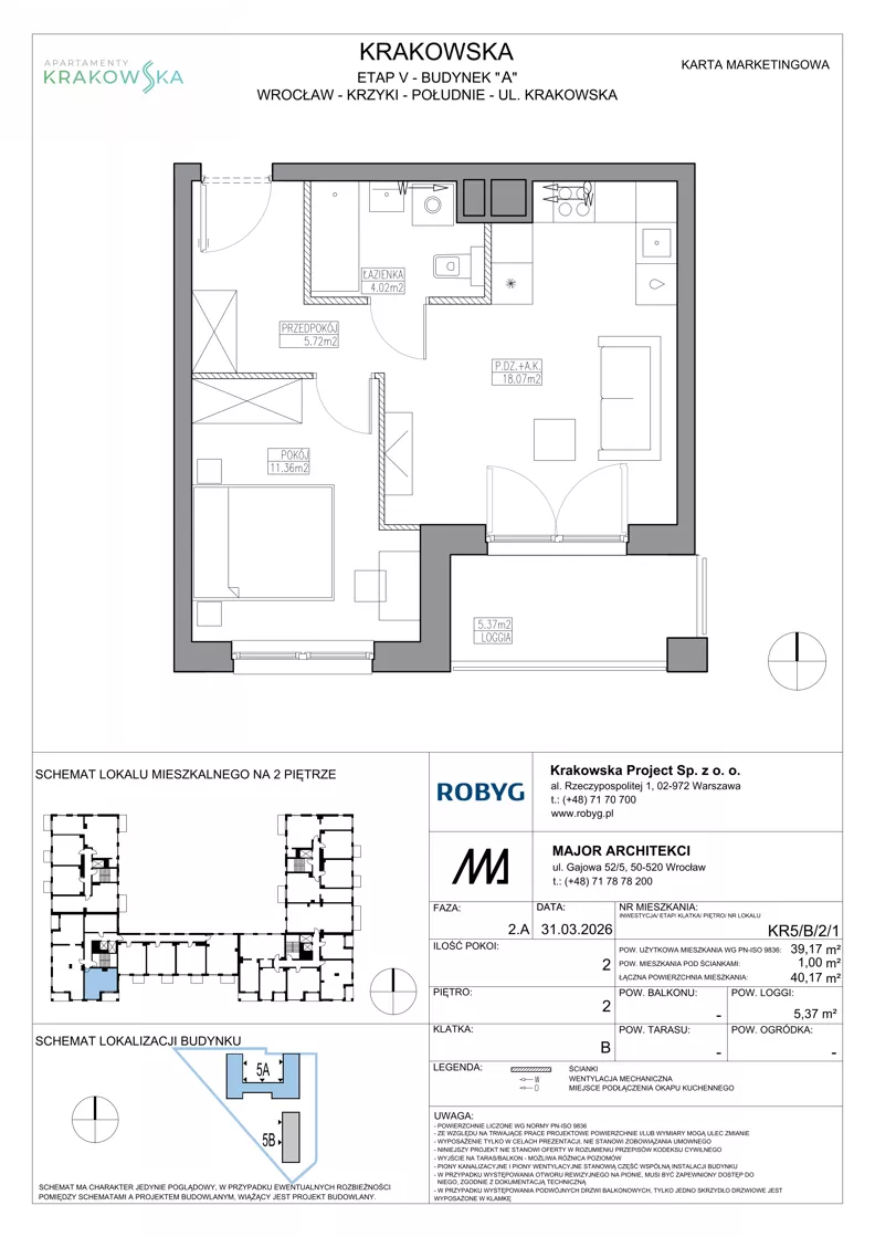 2 pokoje, mieszkanie 39,17 m², piętro 2, oferta nr KR5/B/2/1, Apartamenty Krakowska 5, Wrocław, Przedmieście Oławskie, Krzyki, ul. Krakowska