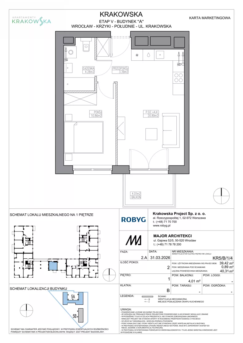 2 pokoje, mieszkanie 39,42 m², piętro 1, oferta nr KR5/B/1/4, Apartamenty Krakowska 5, Wrocław, Przedmieście Oławskie, Krzyki, ul. Krakowska