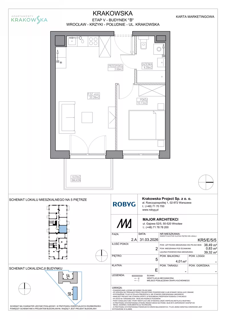 2 pokoje, mieszkanie 38,49 m², piętro 5, oferta nr KR5/E/5/5, Apartamenty Krakowska 5, Wrocław, Przedmieście Oławskie, Krzyki, ul. Krakowska