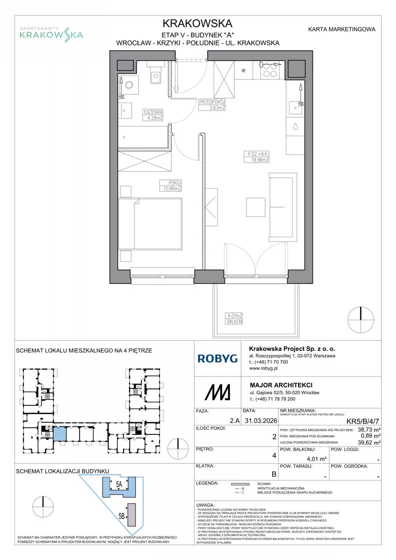 2 pokoje, mieszkanie 38,73 m², piętro 4, oferta nr KR5/B/4/7, Apartamenty Krakowska 5, Wrocław, Przedmieście Oławskie, Krzyki, ul. Krakowska