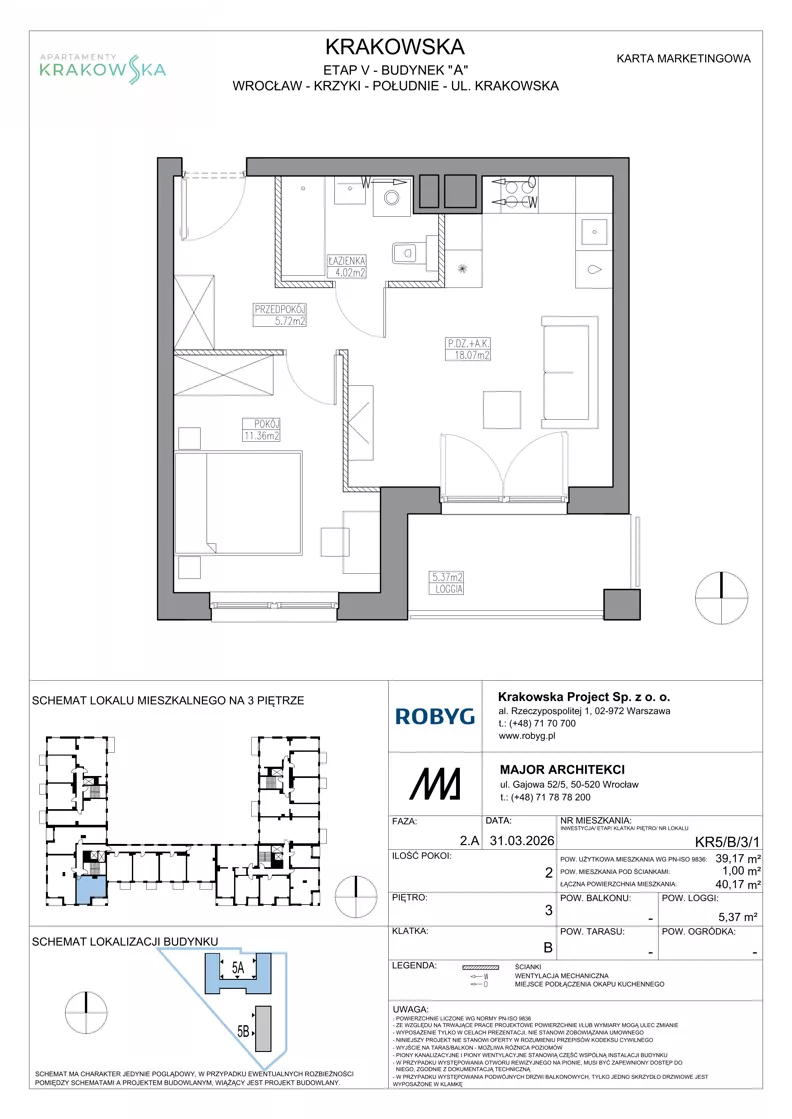 2 pokoje, mieszkanie 39,17 m², piętro 3, oferta nr KR5/B/3/1, Apartamenty Krakowska 5, Wrocław, Przedmieście Oławskie, Krzyki, ul. Krakowska