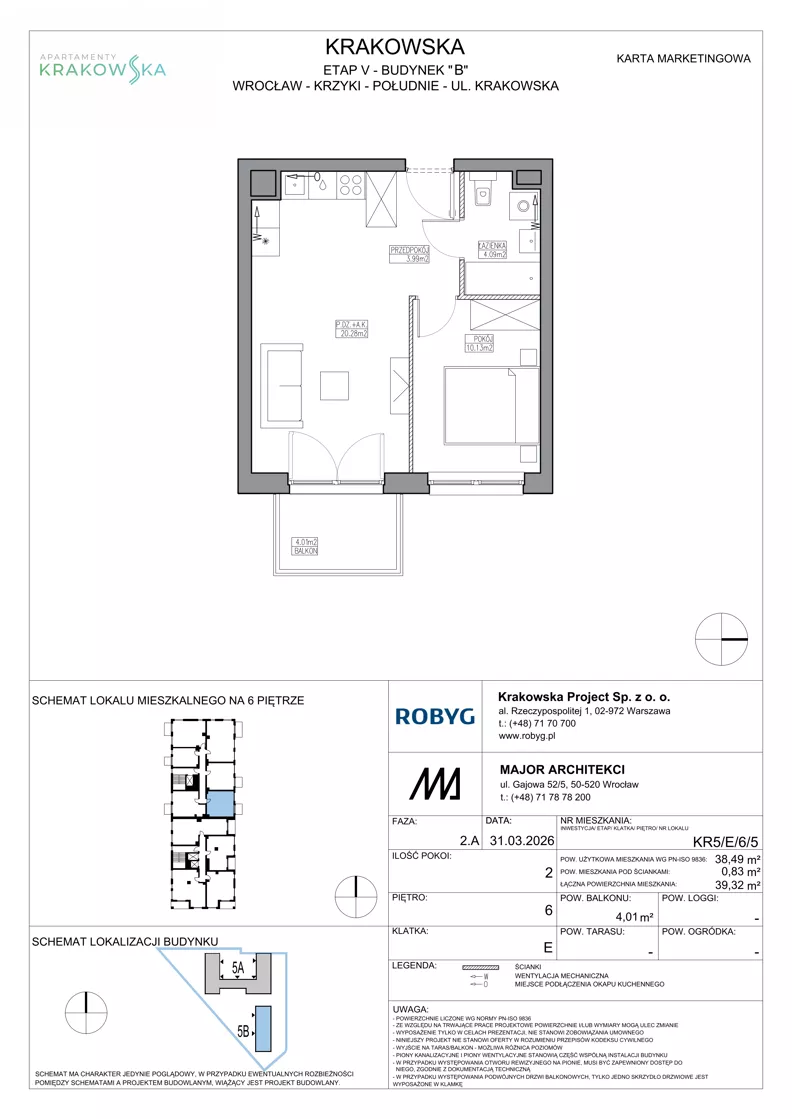 2 pokoje, mieszkanie 38,49 m², piętro 6, oferta nr KR5/E/6/5, Apartamenty Krakowska 5, Wrocław, Przedmieście Oławskie, Krzyki, ul. Krakowska