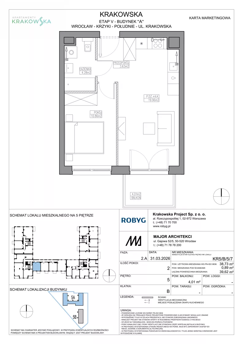 2 pokoje, mieszkanie 38,73 m², piętro 5, oferta nr KR5/B/5/7, Apartamenty Krakowska 5, Wrocław, Przedmieście Oławskie, Krzyki, ul. Krakowska