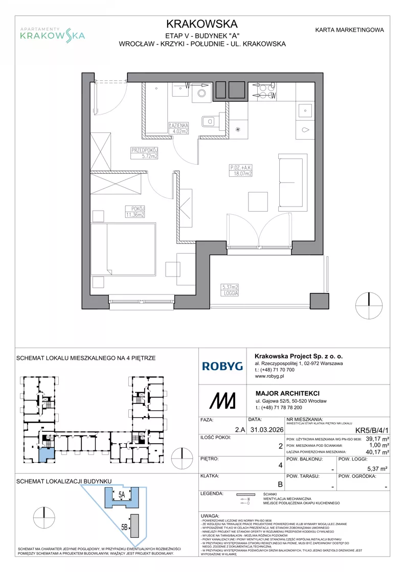 2 pokoje, mieszkanie 39,17 m², piętro 4, oferta nr KR5/B/4/1, Apartamenty Krakowska 5, Wrocław, Przedmieście Oławskie, Krzyki, ul. Krakowska