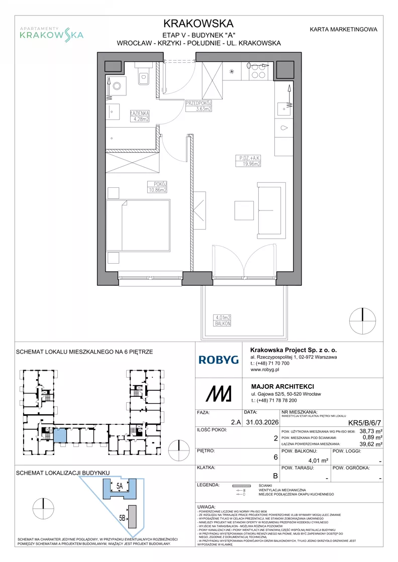 2 pokoje, mieszkanie 38,73 m², piętro 6, oferta nr KR5/B/6/7, Apartamenty Krakowska 5, Wrocław, Przedmieście Oławskie, Krzyki, ul. Krakowska