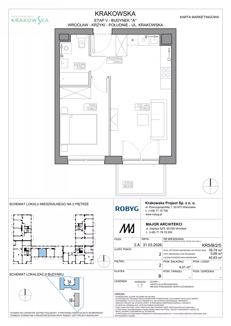 2 pokoje, mieszkanie 39,74 m², piętro 2, oferta nr KR5/B/2/5, Apartamenty Krakowska 5, Wrocław, Przedmieście Oławskie, Krzyki, ul. Krakowska