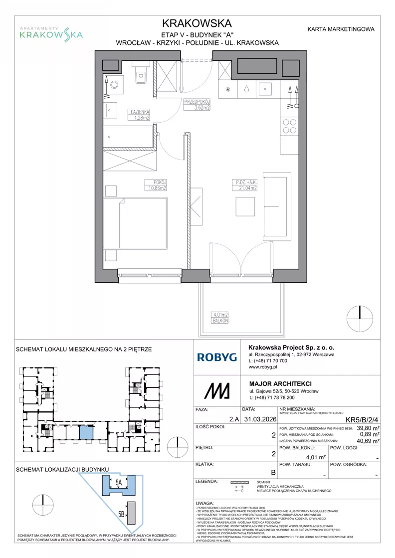 2 pokoje, mieszkanie 39,80 m², piętro 2, oferta nr KR5/B/2/4, Apartamenty Krakowska 5, Wrocław, Przedmieście Oławskie, Krzyki, ul. Krakowska