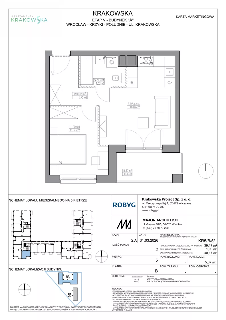 2 pokoje, mieszkanie 39,17 m², piętro 5, oferta nr KR5/B/5/1, Apartamenty Krakowska 5, Wrocław, Przedmieście Oławskie, Krzyki, ul. Krakowska
