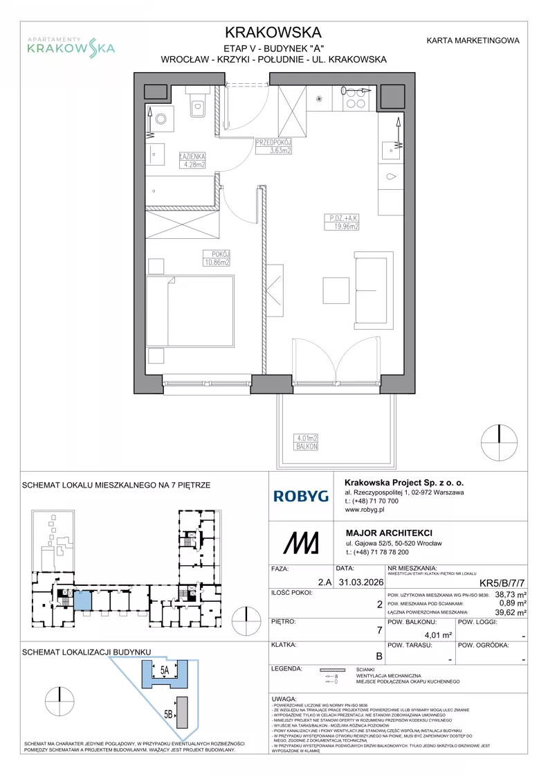 2 pokoje, mieszkanie 38,73 m², piętro 7, oferta nr KR5/B/7/7, Apartamenty Krakowska 5, Wrocław, Przedmieście Oławskie, Krzyki, ul. Krakowska