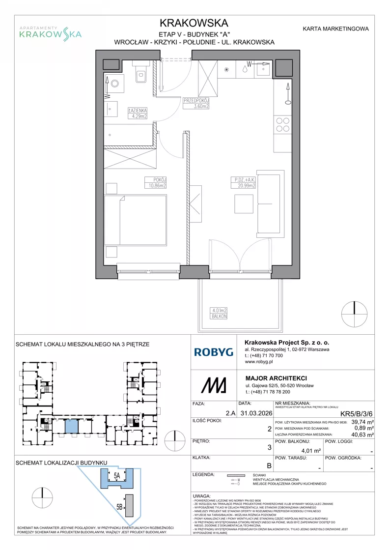 2 pokoje, mieszkanie 39,74 m², piętro 3, oferta nr KR5/B/3/6, Apartamenty Krakowska 5, Wrocław, Przedmieście Oławskie, Krzyki, ul. Krakowska