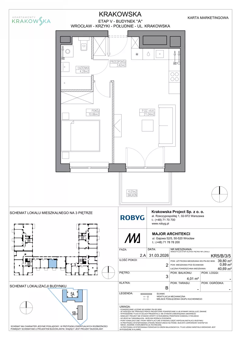 2 pokoje, mieszkanie 39,80 m², piętro 3, oferta nr KR5/B/3/5, Apartamenty Krakowska 5, Wrocław, Przedmieście Oławskie, Krzyki, ul. Krakowska
