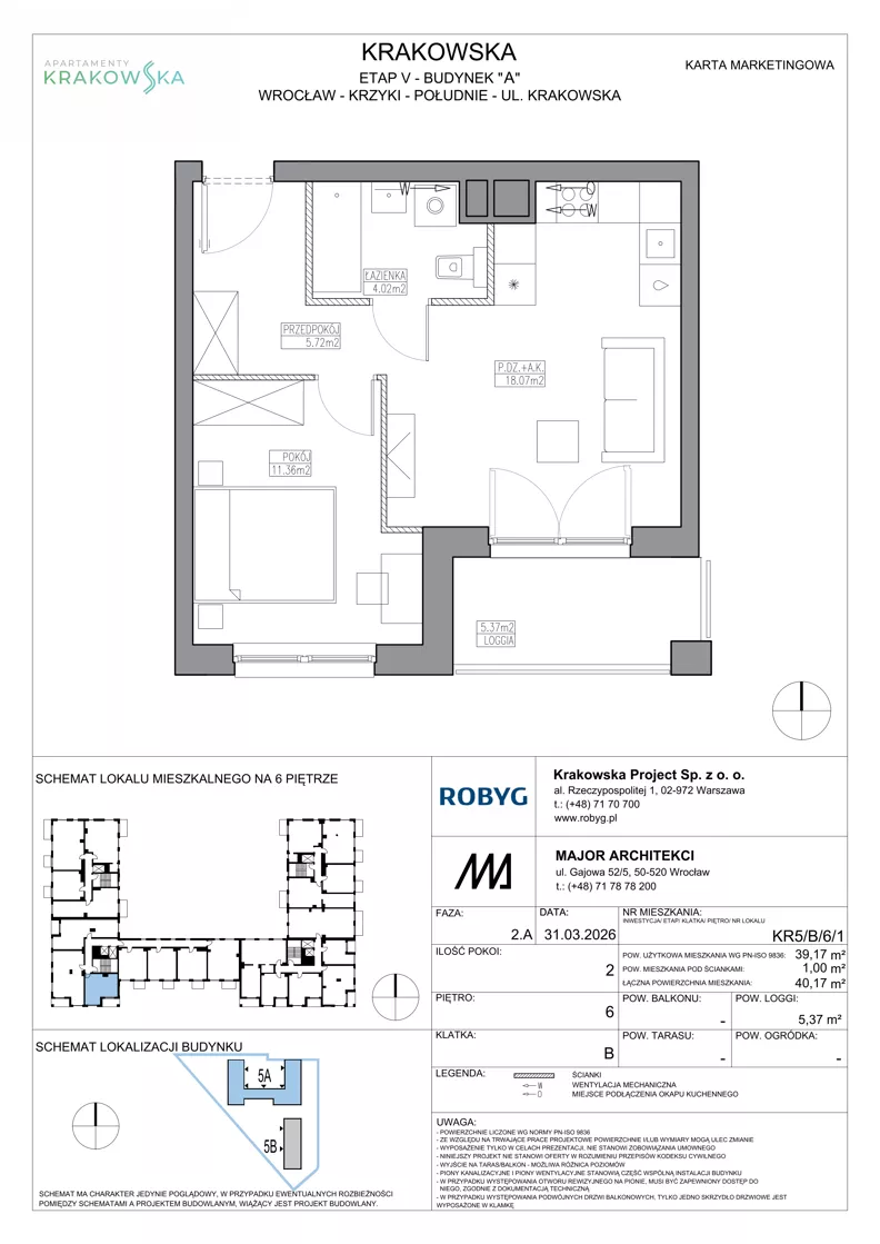 2 pokoje, mieszkanie 39,17 m², piętro 6, oferta nr KR5/B/6/1, Apartamenty Krakowska 5, Wrocław, Przedmieście Oławskie, Krzyki, ul. Krakowska