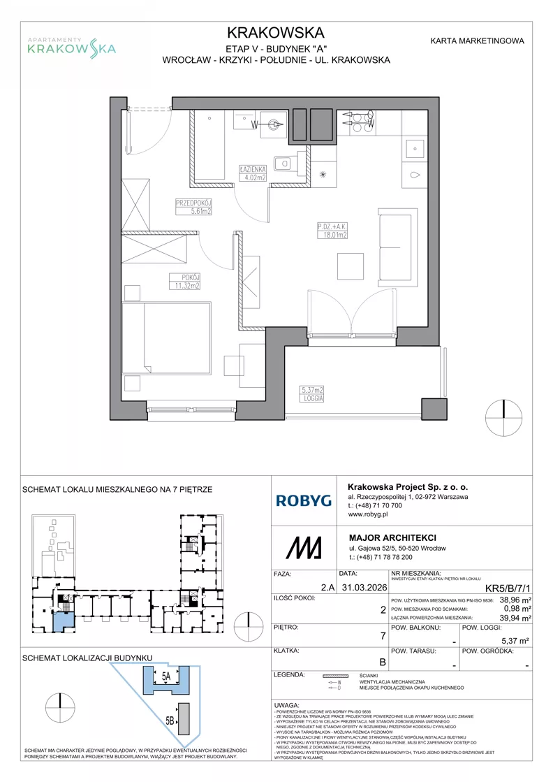 2 pokoje, mieszkanie 38,96 m², piętro 7, oferta nr KR5/B/7/1, Apartamenty Krakowska 5, Wrocław, Przedmieście Oławskie, Krzyki, ul. Krakowska