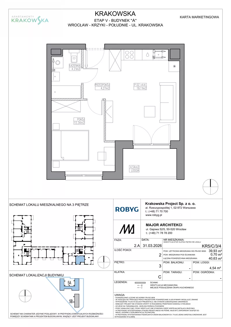 2 pokoje, mieszkanie 39,93 m², piętro 3, oferta nr KR5/C/3/4, Apartamenty Krakowska 5, Wrocław, Przedmieście Oławskie, Krzyki, ul. Krakowska