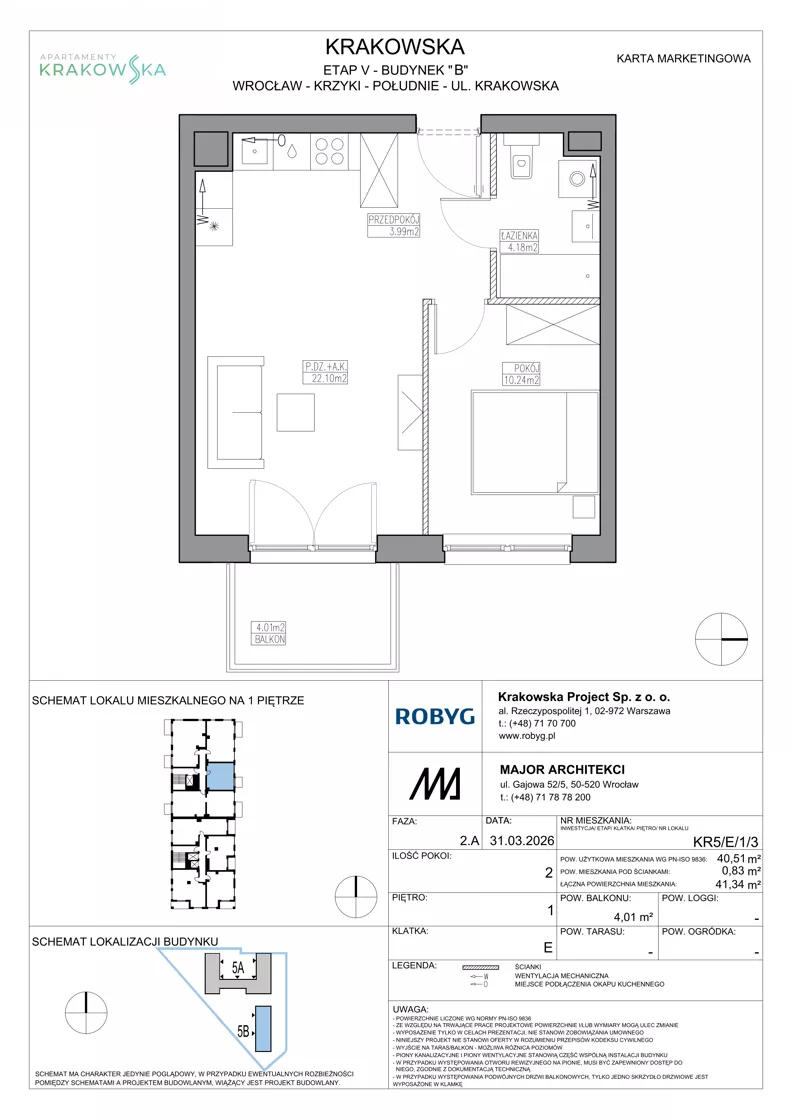 2 pokoje, mieszkanie 40,51 m², piętro 1, oferta nr KR5/E/1/3, Apartamenty Krakowska 5, Wrocław, Przedmieście Oławskie, Krzyki, ul. Krakowska
