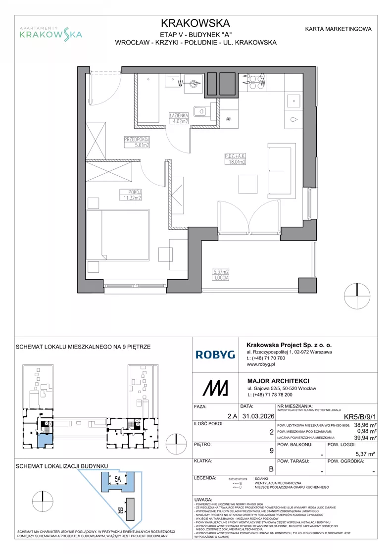 2 pokoje, mieszkanie 38,96 m², piętro 9, oferta nr KR5/B/9/1, Apartamenty Krakowska 5, Wrocław, Przedmieście Oławskie, Krzyki, ul. Krakowska