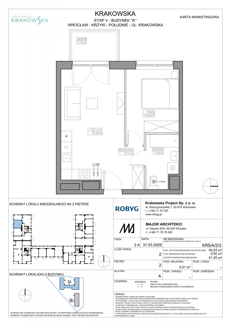 2 pokoje, mieszkanie 40,53 m², piętro 2, oferta nr KR5/A/2/3, Apartamenty Krakowska 5, Wrocław, Przedmieście Oławskie, Krzyki, ul. Krakowska