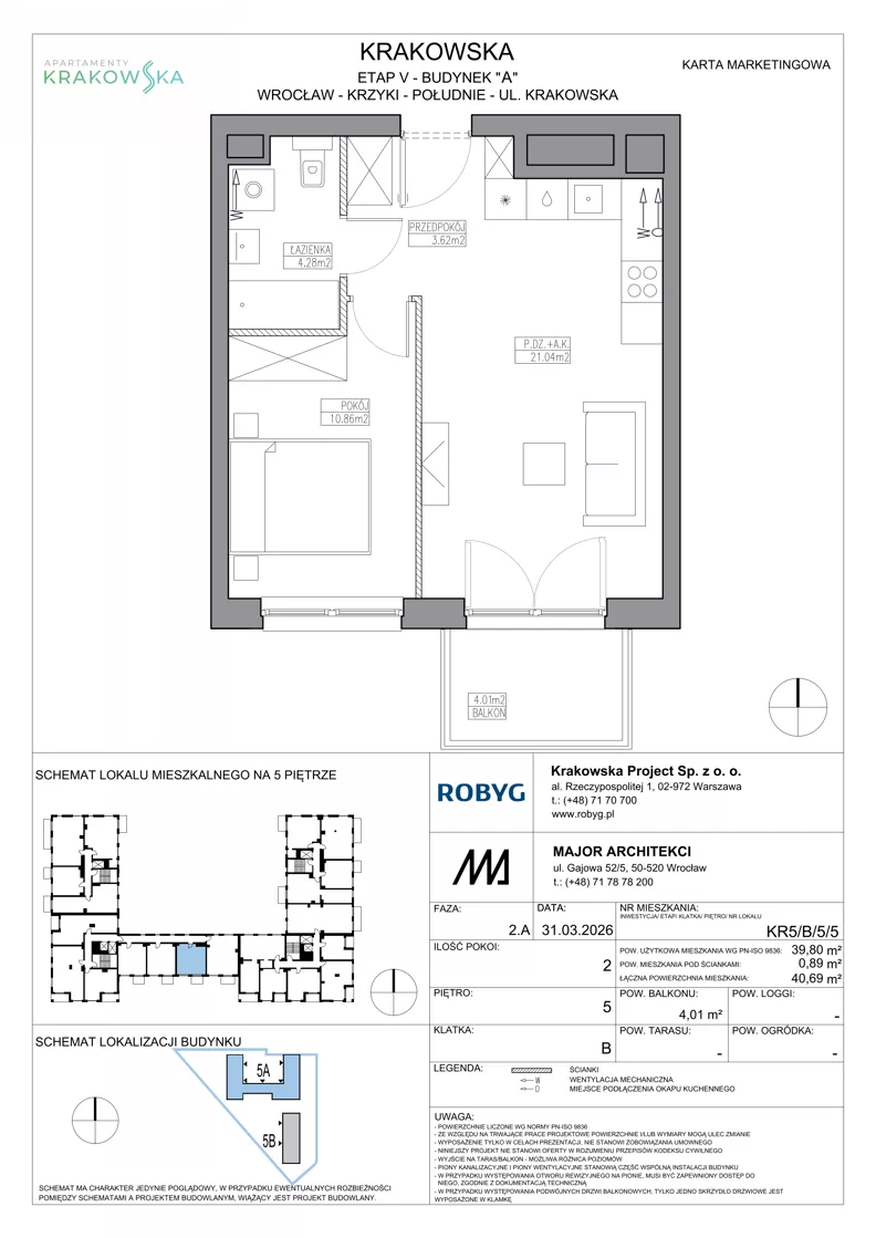 2 pokoje, mieszkanie 39,80 m², piętro 5, oferta nr KR5/B/5/5, Apartamenty Krakowska 5, Wrocław, Przedmieście Oławskie, Krzyki, ul. Krakowska