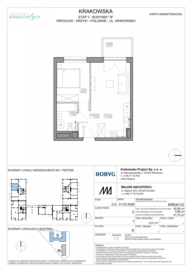 2 pokoje, mieszkanie 40,84 m², piętro 1, oferta nr KR5/A/1/2, Apartamenty Krakowska 5, Wrocław, Przedmieście Oławskie, Krzyki, ul. Krakowska