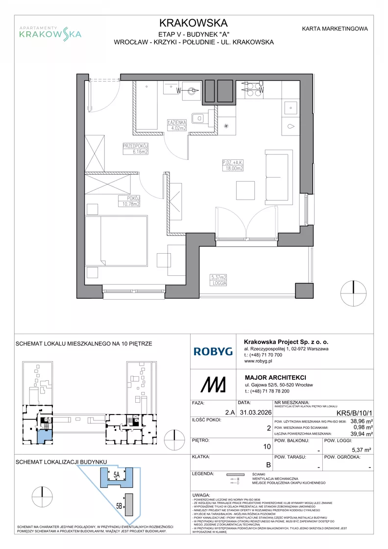 2 pokoje, mieszkanie 38,96 m², piętro 10, oferta nr KR5/B/10/1, Apartamenty Krakowska 5, Wrocław, Przedmieście Oławskie, Krzyki, ul. Krakowska