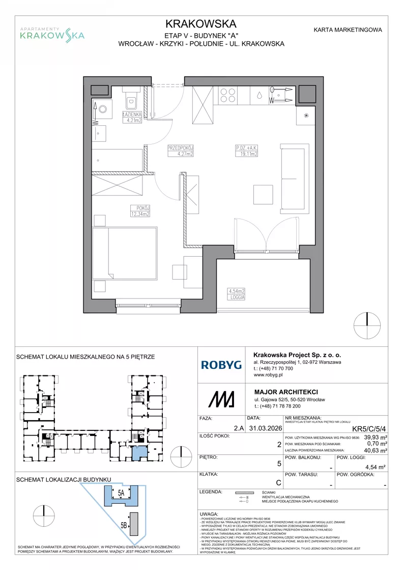 2 pokoje, mieszkanie 39,93 m², piętro 5, oferta nr KR5/C/5/4, Apartamenty Krakowska 5, Wrocław, Przedmieście Oławskie, Krzyki, ul. Krakowska