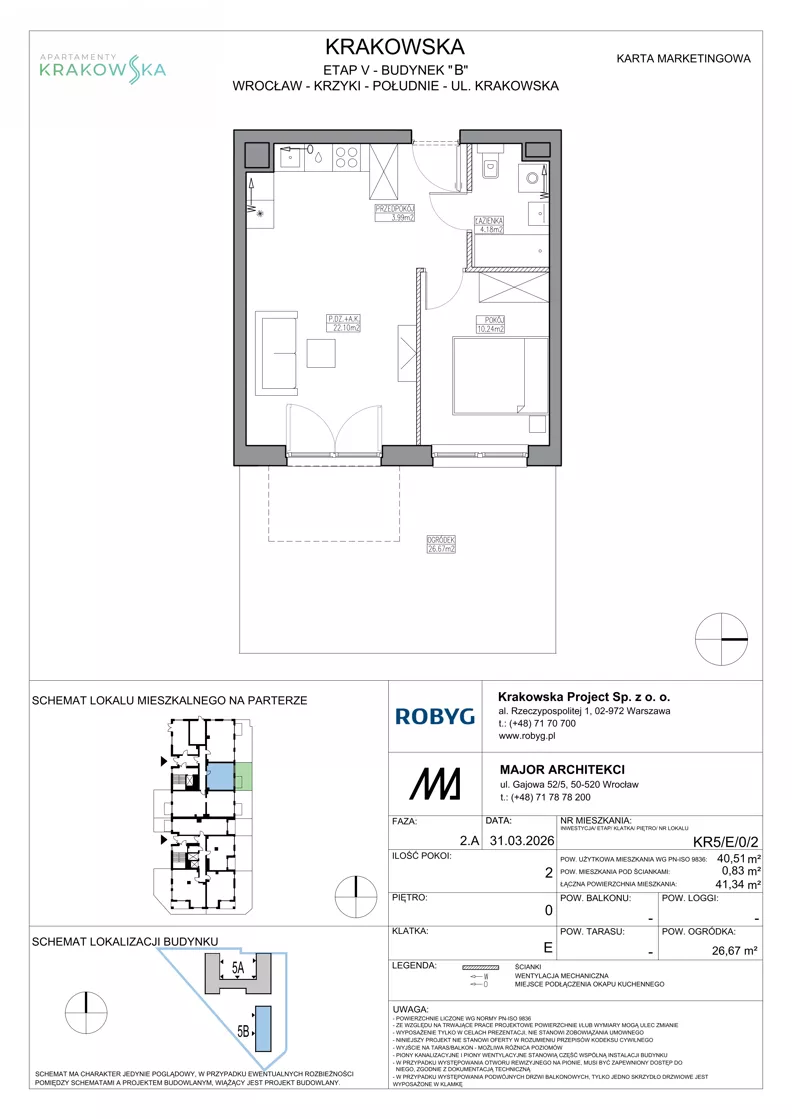 2 pokoje, mieszkanie 40,51 m², parter, oferta nr KR5/E/0/2, Apartamenty Krakowska 5, Wrocław, Przedmieście Oławskie, Krzyki, ul. Krakowska