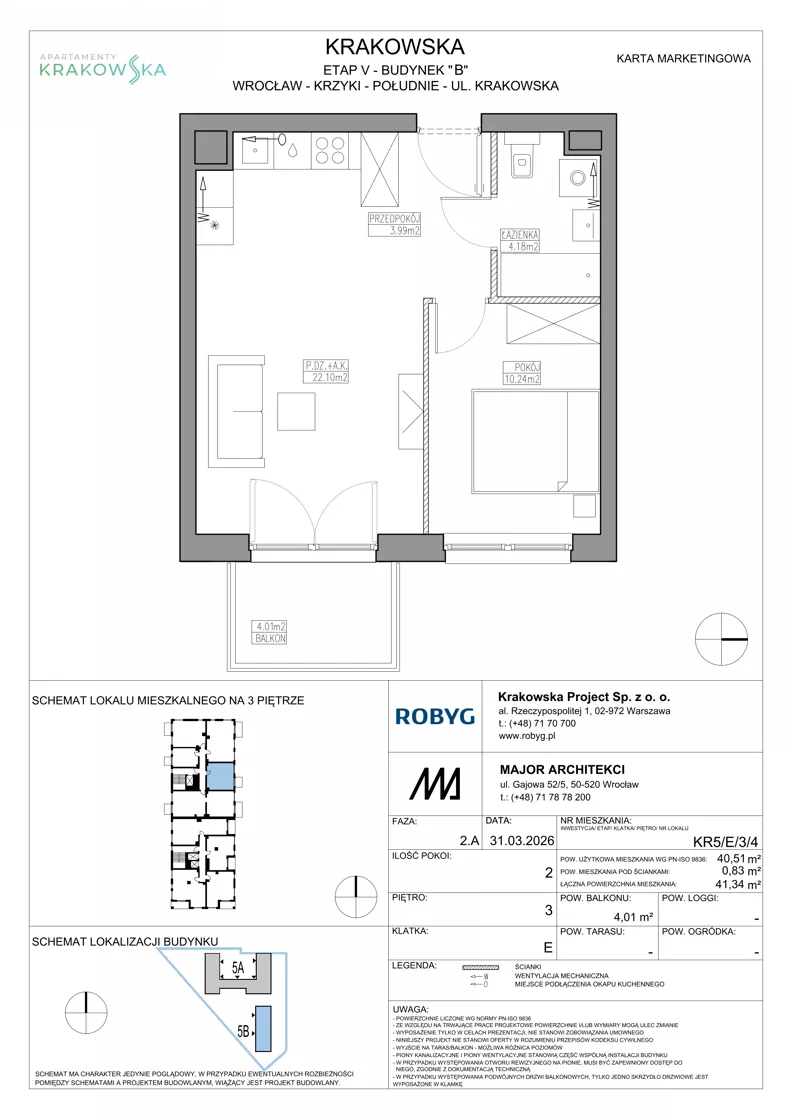 2 pokoje, mieszkanie 40,51 m², piętro 3, oferta nr KR5/E/3/4, Apartamenty Krakowska 5, Wrocław, Przedmieście Oławskie, Krzyki, ul. Krakowska