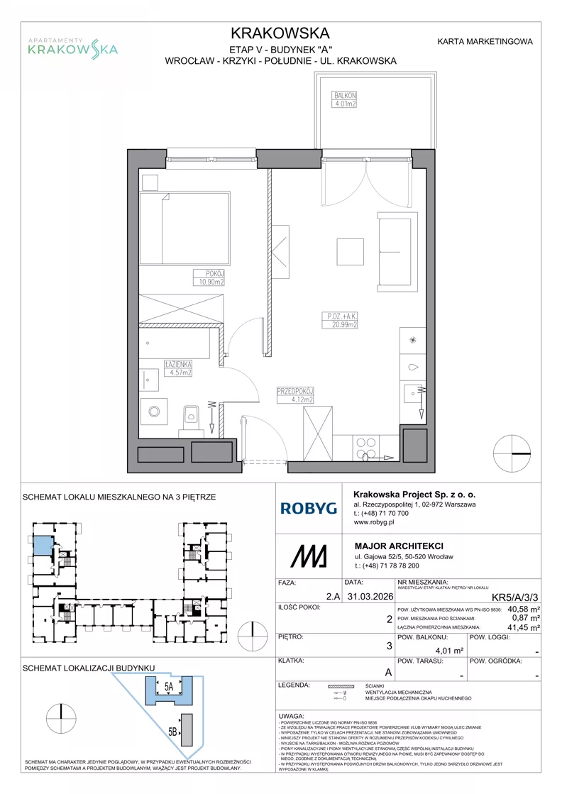 2 pokoje, mieszkanie 40,58 m², piętro 3, oferta nr KR5/A/3/3, Apartamenty Krakowska 5, Wrocław, Przedmieście Oławskie, Krzyki, ul. Krakowska