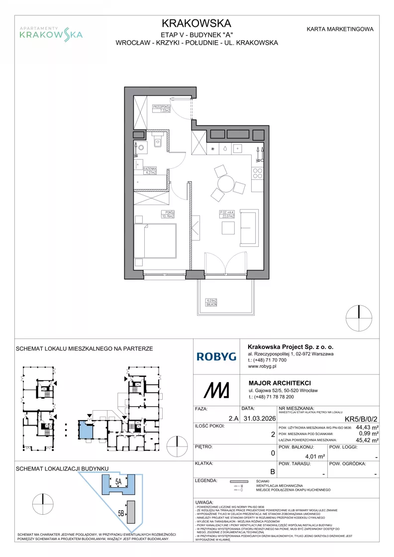 2 pokoje, mieszkanie 44,43 m², parter, oferta nr KR5/B/0/2, Apartamenty Krakowska 5, Wrocław, Przedmieście Oławskie, Krzyki, ul. Krakowska