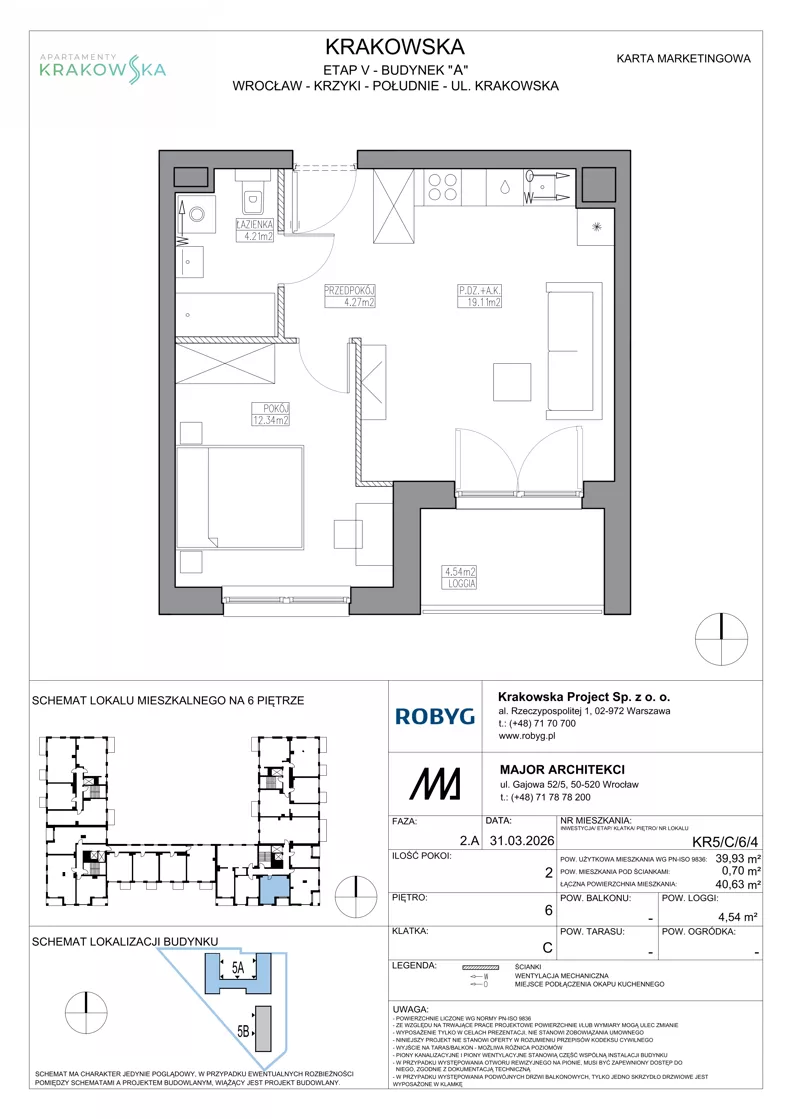 2 pokoje, mieszkanie 39,93 m², piętro 6, oferta nr KR5/C/6/4, Apartamenty Krakowska 5, Wrocław, Przedmieście Oławskie, Krzyki, ul. Krakowska