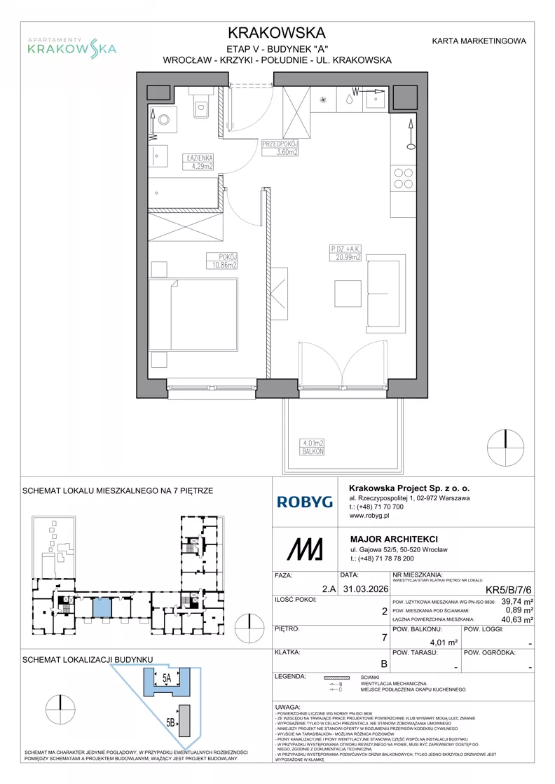 2 pokoje, mieszkanie 39,74 m², piętro 7, oferta nr KR5/B/7/6, Apartamenty Krakowska 5, Wrocław, Przedmieście Oławskie, Krzyki, ul. Krakowska