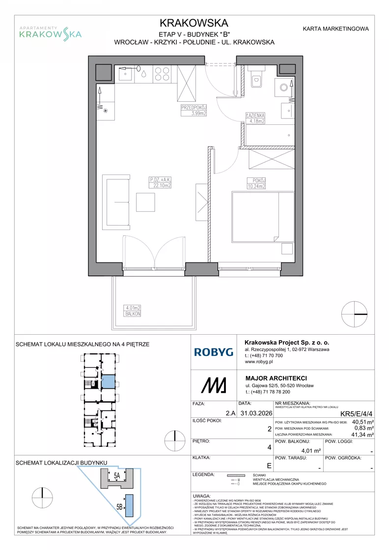 2 pokoje, mieszkanie 40,51 m², piętro 4, oferta nr KR5/E/4/4, Apartamenty Krakowska 5, Wrocław, Przedmieście Oławskie, Krzyki, ul. Krakowska