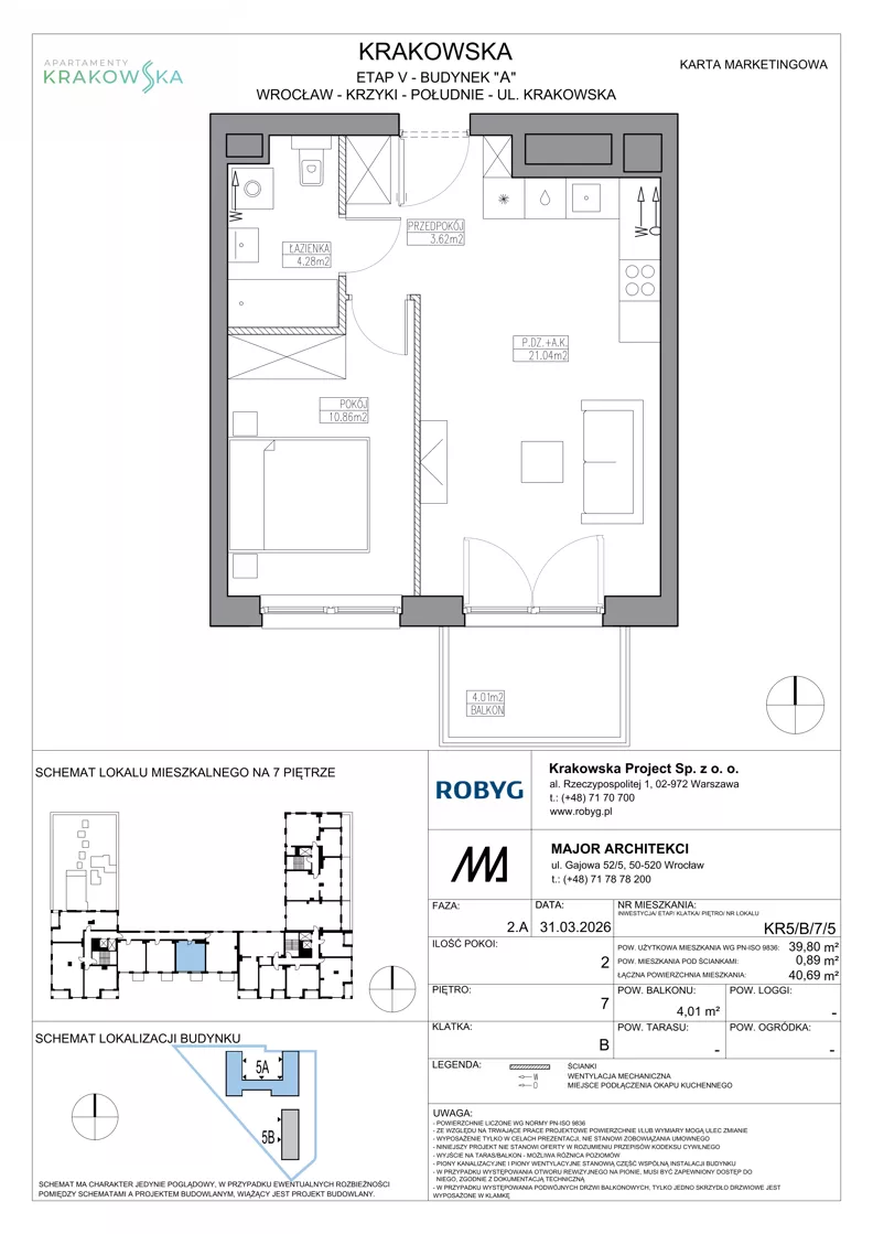 2 pokoje, mieszkanie 39,80 m², piętro 7, oferta nr KR5/B/7/5, Apartamenty Krakowska 5, Wrocław, Przedmieście Oławskie, Krzyki, ul. Krakowska