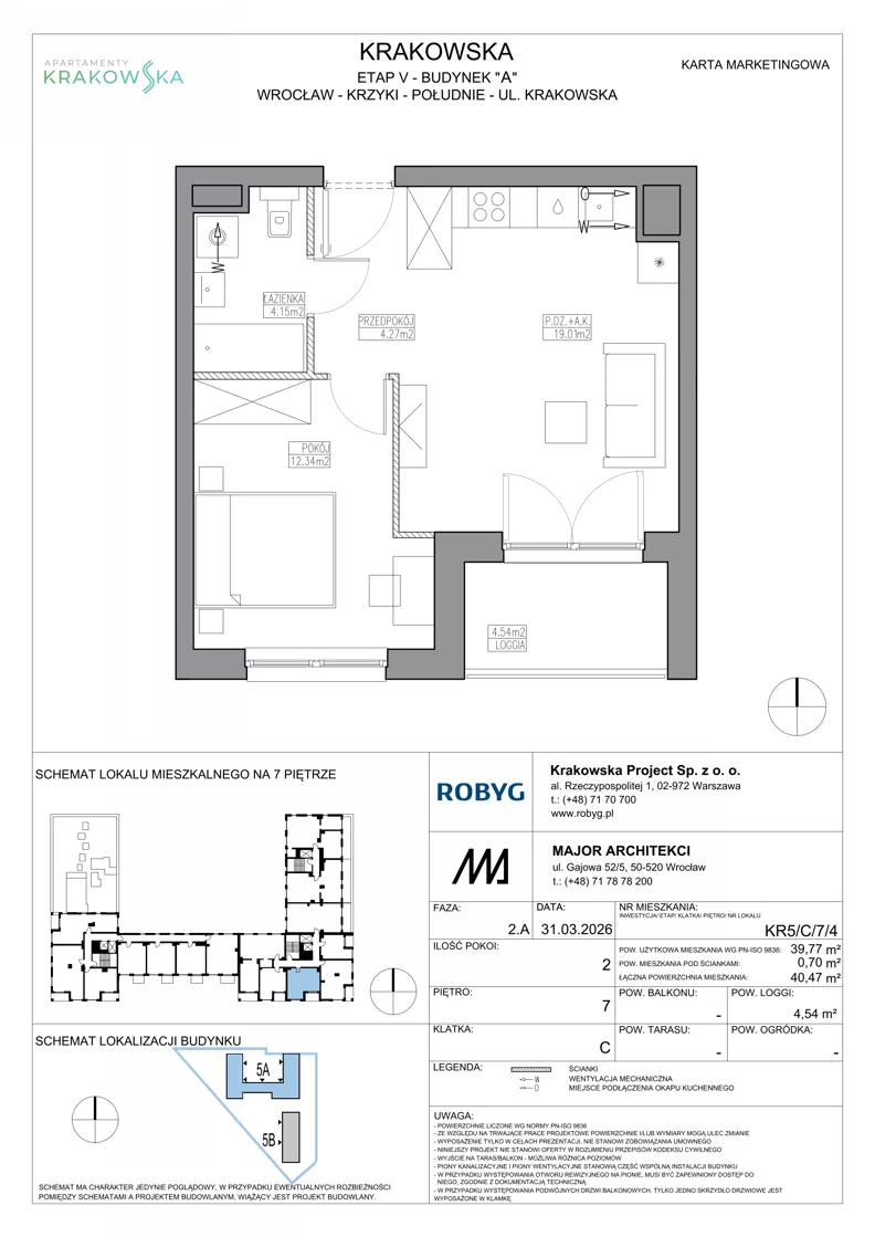 2 pokoje, mieszkanie 39,77 m², piętro 7, oferta nr KR5/C/7/4, Apartamenty Krakowska 5, Wrocław, Przedmieście Oławskie, Krzyki, ul. Krakowska