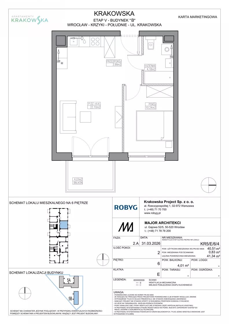 2 pokoje, mieszkanie 40,51 m², piętro 6, oferta nr KR5/E/6/4, Apartamenty Krakowska 5, Wrocław, Przedmieście Oławskie, Krzyki, ul. Krakowska