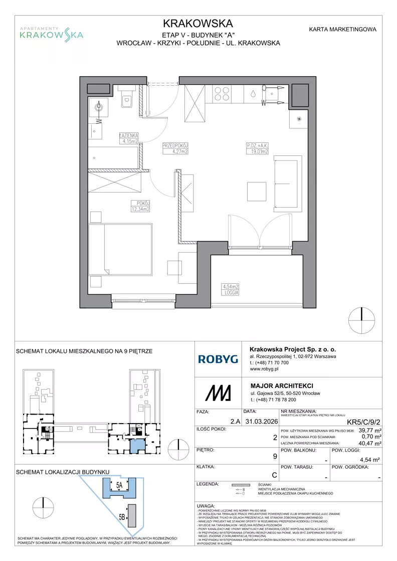 2 pokoje, mieszkanie 39,77 m², piętro 9, oferta nr KR5/C/9/2, Apartamenty Krakowska 5, Wrocław, Przedmieście Oławskie, Krzyki, ul. Krakowska