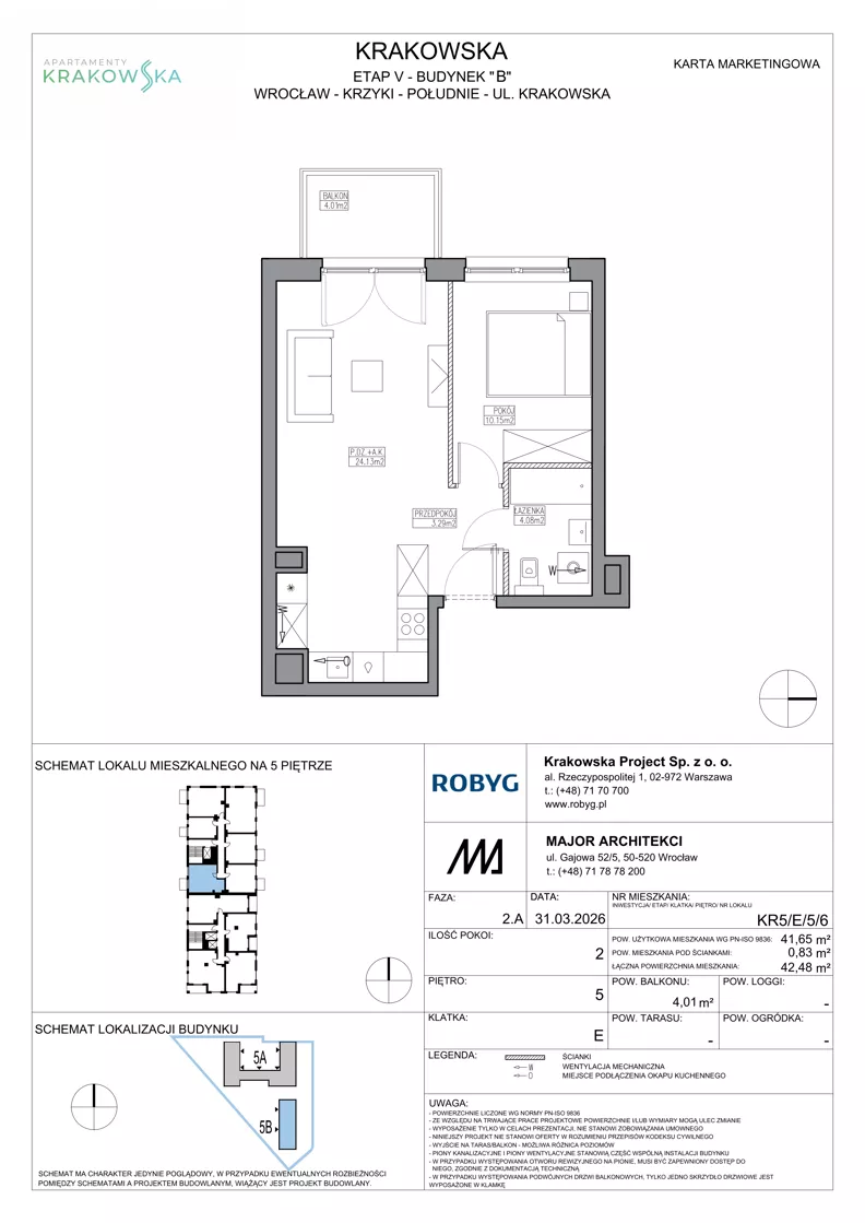 2 pokoje, mieszkanie 41,65 m², piętro 5, oferta nr KR5/E/5/6, Apartamenty Krakowska 5, Wrocław, Przedmieście Oławskie, Krzyki, ul. Krakowska