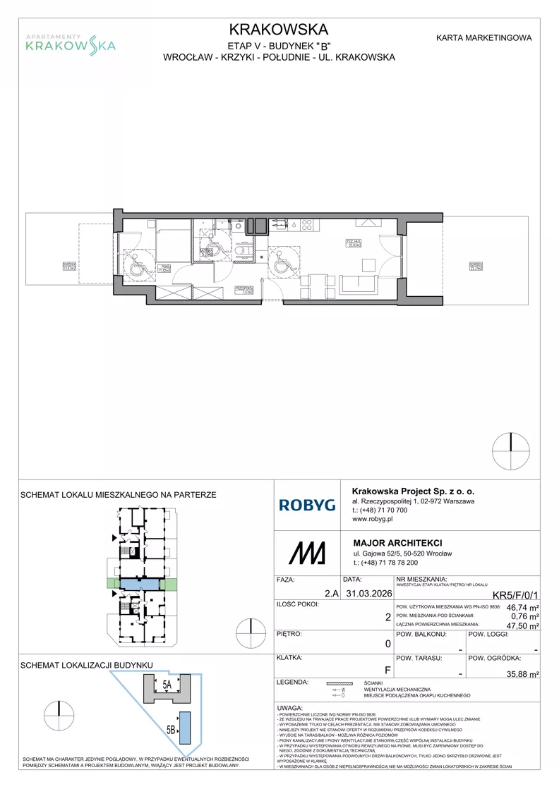 2 pokoje, mieszkanie 46,74 m², parter, oferta nr KR5/F/0/1, Apartamenty Krakowska 5, Wrocław, Przedmieście Oławskie, Krzyki, ul. Krakowska