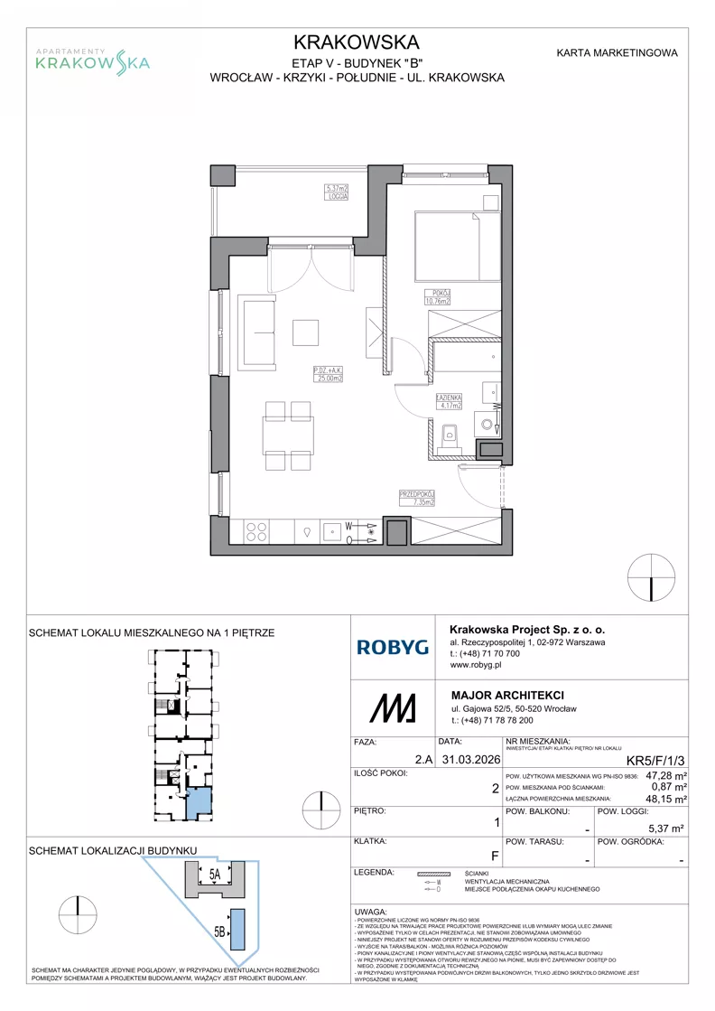 2 pokoje, mieszkanie 47,28 m², piętro 1, oferta nr KR5/F/1/3, Apartamenty Krakowska 5, Wrocław, Przedmieście Oławskie, Krzyki, ul. Krakowska