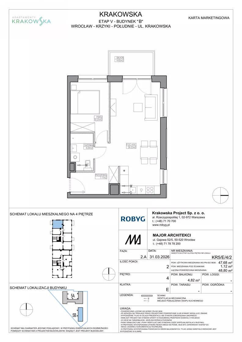 2 pokoje, mieszkanie 47,68 m², piętro 4, oferta nr KR5/E/4/2, Apartamenty Krakowska 5, Wrocław, Przedmieście Oławskie, Krzyki, ul. Krakowska