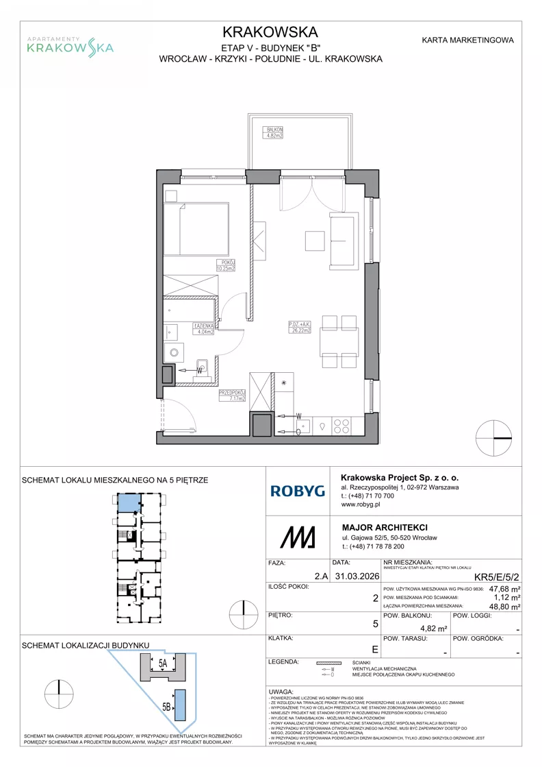 2 pokoje, mieszkanie 47,68 m², piętro 5, oferta nr KR5/E/5/2, Apartamenty Krakowska 5, Wrocław, Przedmieście Oławskie, Krzyki, ul. Krakowska