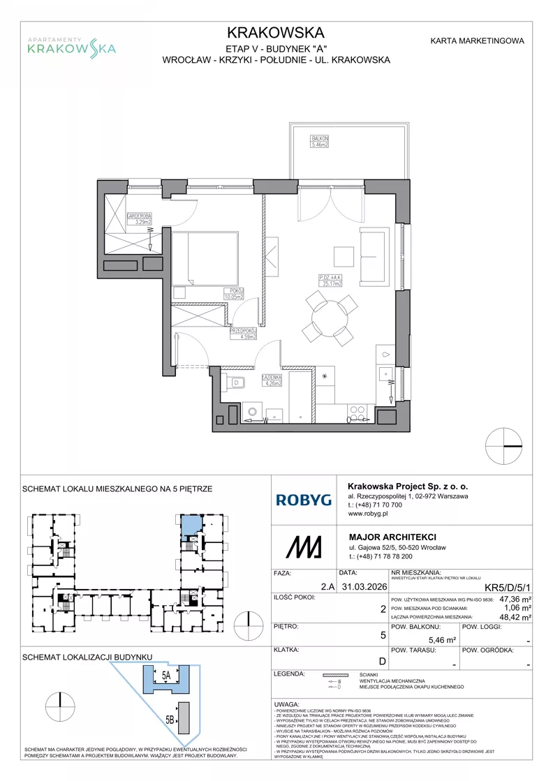 2 pokoje, mieszkanie 47,36 m², piętro 5, oferta nr KR5/D/5/1, Apartamenty Krakowska 5, Wrocław, Przedmieście Oławskie, Krzyki, ul. Krakowska