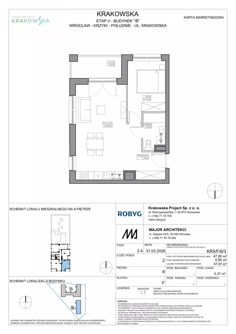 2 pokoje, mieszkanie 47,06 m², piętro 8, oferta nr KR5/F/8/3, Apartamenty Krakowska 5, Wrocław, Przedmieście Oławskie, Krzyki, ul. Krakowska