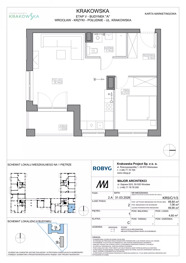 2 pokoje, mieszkanie 48,84 m², piętro 1, oferta nr KR5/C/1/3, Apartamenty Krakowska 5, Wrocław, Przedmieście Oławskie, Krzyki, ul. Krakowska
