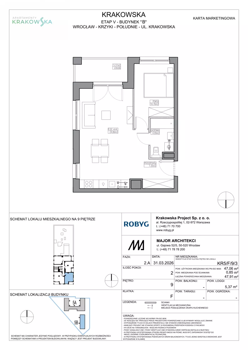 2 pokoje, mieszkanie 47,06 m², piętro 9, oferta nr KR5/F/9/3, Apartamenty Krakowska 5, Wrocław, Przedmieście Oławskie, Krzyki, ul. Krakowska
