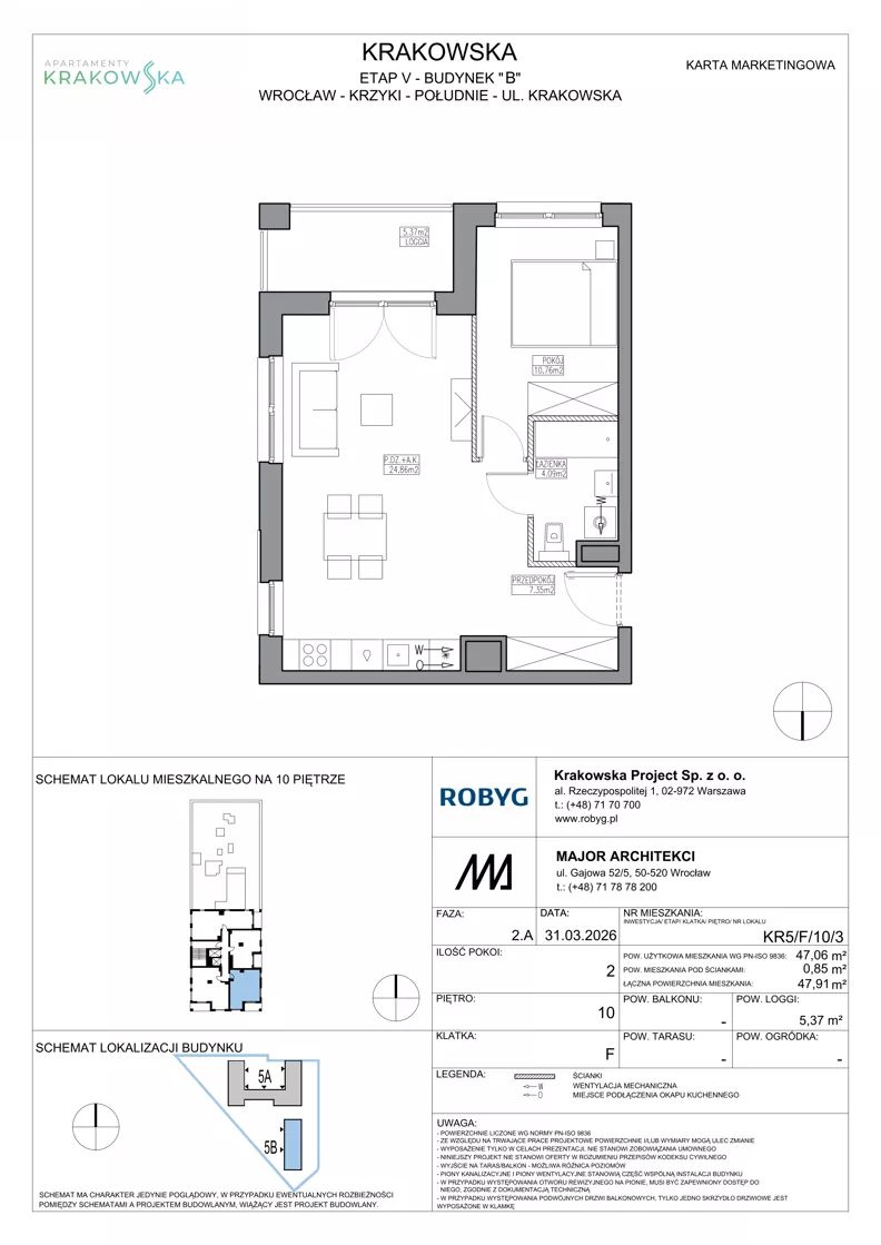 2 pokoje, mieszkanie 47,06 m², piętro 10, oferta nr KR5/F/10/3, Apartamenty Krakowska 5, Wrocław, Przedmieście Oławskie, Krzyki, ul. Krakowska
