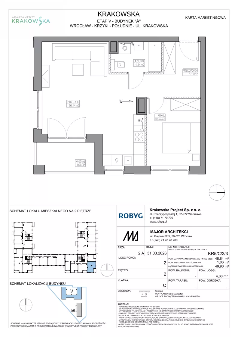 2 pokoje, mieszkanie 48,84 m², piętro 2, oferta nr KR5/C/2/3, Apartamenty Krakowska 5, Wrocław, Przedmieście Oławskie, Krzyki, ul. Krakowska